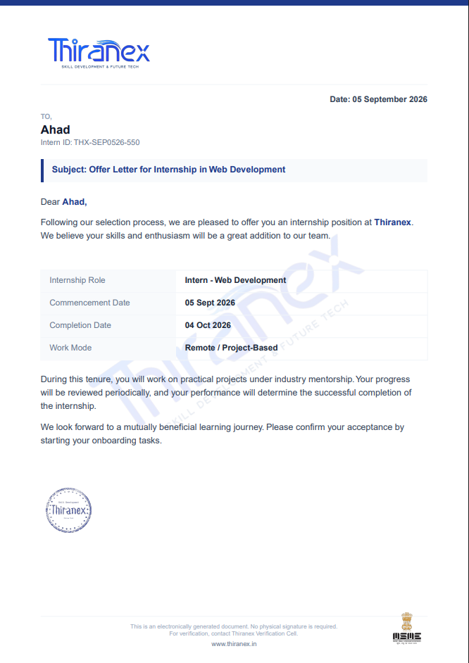 Thiranex internship offer letter